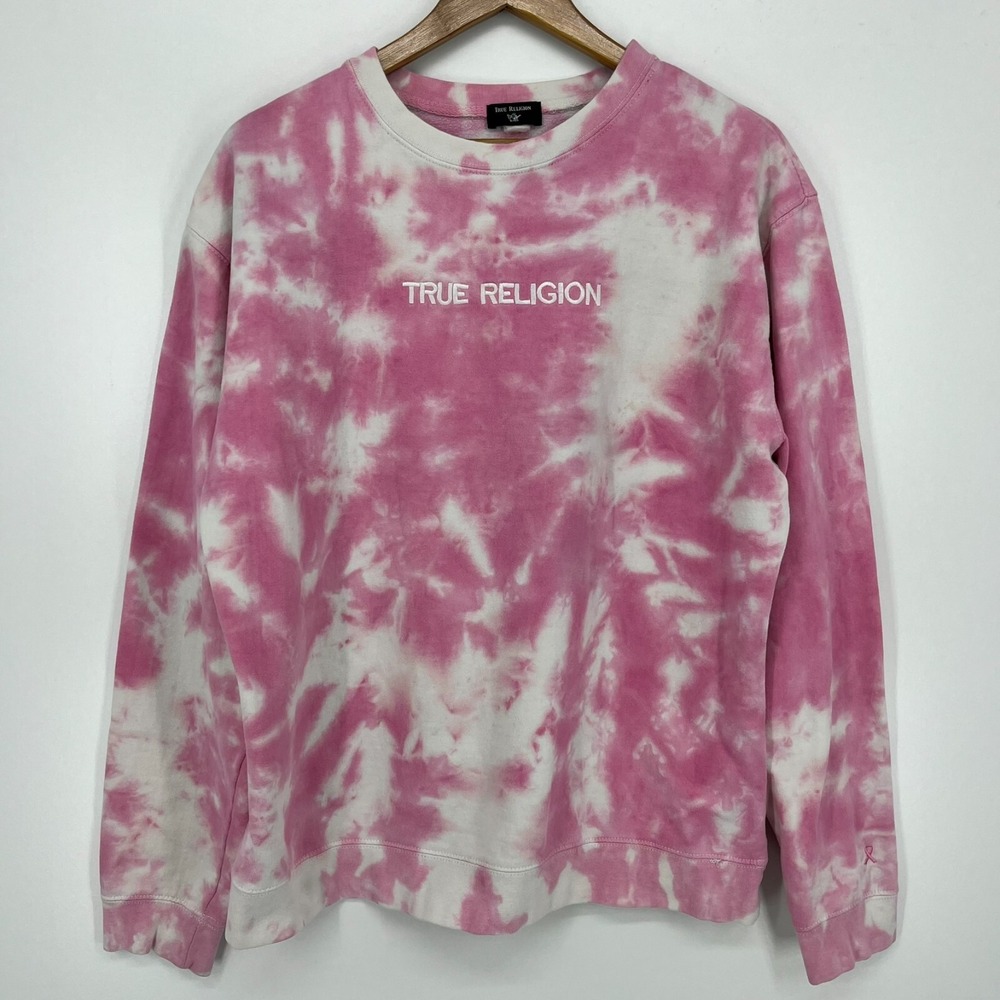 True Religion Women Pink White Tie Dye Crewneck Sweatshirt Large